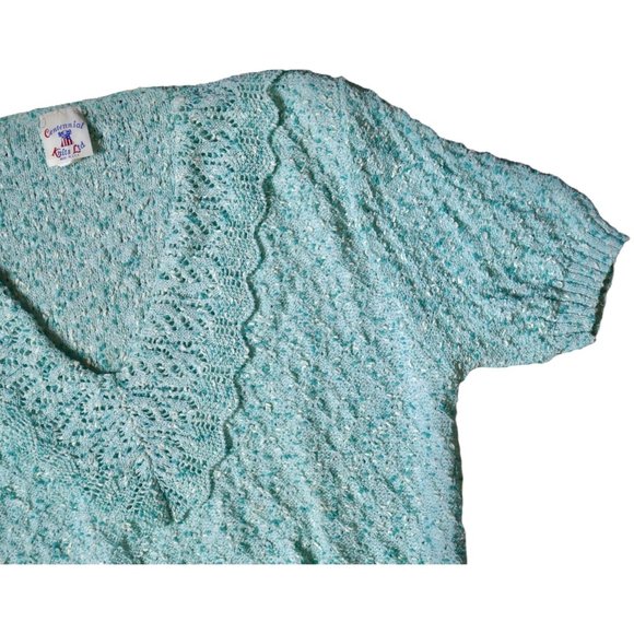 Vintage 1970s Centennial Knits LTD USA Made Blue Smocked V-Neck Short Sleeve Top - Picture 4 of 10